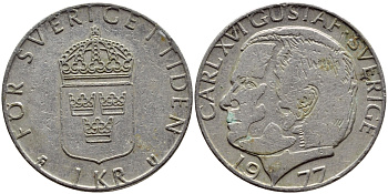 Швеция 1 крона 1977 Карл XVI Густав (1973- ) KM 852 медь плакированная медно-никелем 4397-832