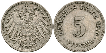 Германия 5 пфеннигов 1910 F KM 11, Jager 12, Weege 6 медно-никель 4608-939