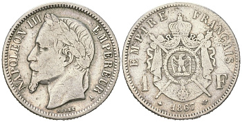 Франция 1 франк 1867 A, Наполеон III (1852-1870) KM 806 серебро 63-722
