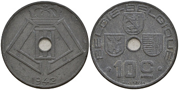 Бельгия 10 сантимов 1942 Belgie - Belgique, Леопольд III (1934-1947), германская оккупация, Вторая мировая война KM 126 цинк 4161-334