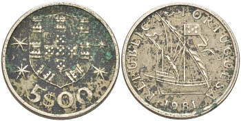 ПОРТУГАЛИЯ 5 ЭСКУДО 1981 ПАРУСНИК KM 591 медно-никель 4523-553