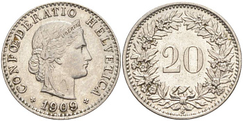 ШВЕЙЦАРИЯ 20 РАППЕНОВ 1909 В KM 29 никель 55-623