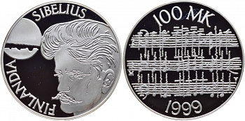 Финляндия 100 марок 1999 P-V-N, Ян Сибелиус, композитор KM 89 серебро PROOF 00-00