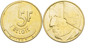 БЕЛЬГИЯ 5 ФРАНКОВ 1988 BELGIE KM 164 латунь или алюминиевая бронза 4391-213