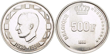 Бельгия 500 франков 1990 Belgique, 60 лет королю Бодуэну I KM 179 серебро 1519-131
