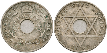 Британская Западная Африка 1/2 пенни 1947 H, Георг VI KM 18 медно-никель 25-1015