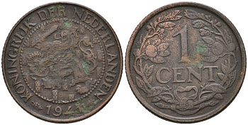 Нидерланды 1 цент 1941 Вильгельмина (1890-1948) KM 152 бронза 46-1015