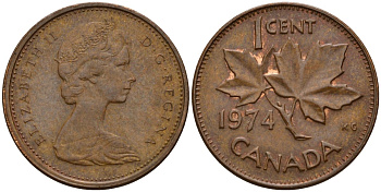 Канада 1 цент 1974 Елизавета II (1952-2022), кленовый лист KM 59.1 бронза 4189-529