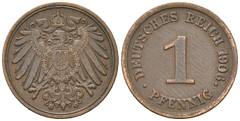 Германия 1 пфенниг 1906 G, Вильгельм II (1888-1918) KM 10, J. 10 медь 4615-717