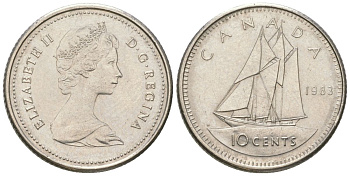 Канада 10 центов 1983 Елизавета II (1952-2022), парусник KM 77 никель 4617-937