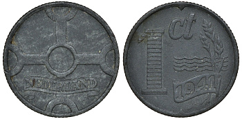 НИДЕРЛАНДЫ 1 ЦЕНТ 1941 ВИЛЬГЕЛЬМИНА (1890-1948) KM 170 цинк 72-1614