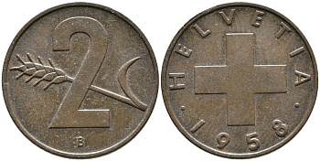 ШВЕЙЦАРИЯ 2 РАППЕНА 1958 В KM 47 бронза 4539-423