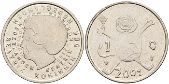 Нидерланды 1 гульден 2001 прощай гульден, детский рисунок, лев с флагом в руках KM 223 никель 4175-253