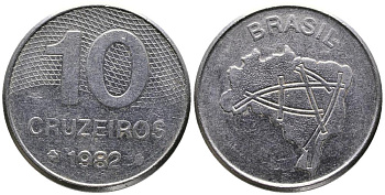 Бразилия 10 крузейро 1982 карта Бразилии KM 592.1 нержавеющая сталь 3336-852
