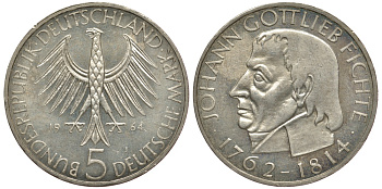 ФРГ 5 марок 1964 J, 150 лет со дня смерти Иоганна Готлиба Фихте J. 393, KM 118.1 серебро aUNC 3896-1232