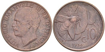 ИТАЛИЯ 10 ЧЕНТЕЗИМО 1934 R, МОНДВОР РИМ, ВИКТОР ЭММАНУИЛ III (1900-1946) KM 60 медь 4525-323