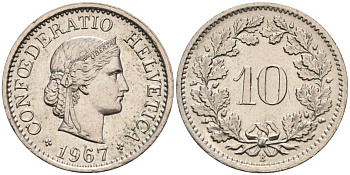 Швейцария 10 раппенов 1967 В KM 27 медно-никель 4564-967
