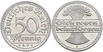Германия 50 пфеннигов 1921 A KM 27, J.301, Weege 10 алюминий UNC 4584-825