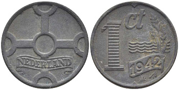 НИДЕРЛАНДЫ 1 ЦЕНТ 1942 ВИЛЬГЕЛЬМИНА (1890-1948) KM 170 цинк 206-1153