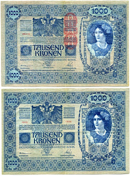 АВСТРИЯ 1000 КРОН 1919 КРАСНАЯ ВЕРТИКАЛЬНАЯ НАДПЕЧАТКА НА 1902 Pick 59 бумага 7551-27-1-1