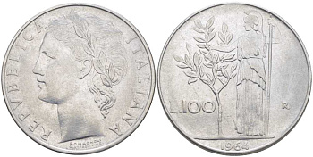 ИТАЛИЯ 100 ЛИР 1964 R, АФИНА KM 96.1 нержавеющая сталь 109-1015