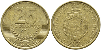 КОСТА-РИКА 25 КОЛОН 2001 B.C.C.R. KM 229а латунь 56-1017