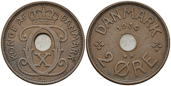 Дания 2 эре 1936 Кристиан X (1912-1947) KM 827 бронза 4147-519