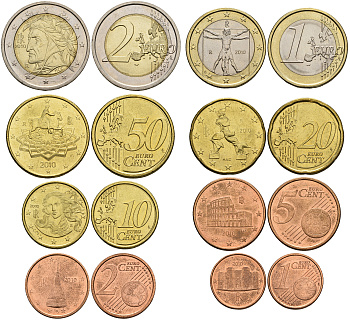 Италия евронабор из 8 монет 2009 1, 2, 5, 10, 20, 50 евроцентов, 1 и 2 евро KM 210, 211, 212, 213, 214, 215, 216, 217 UNC N6-28