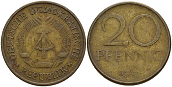 ГДР 20 пфеннигов 1969 A, первый год KM 11 латунь 92-736