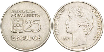 Португалия 25 эскудо 1981 KM 607а медно-никель 4517-415
