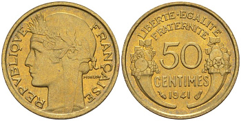Франция 50 сантимов 1941 тип Морлон KM 894.1, Le Franc 192.18 алюминиевая бронза 44-412