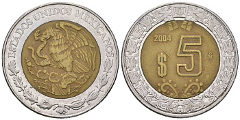 Мексика 5 песо 2004 M KM 605 биметалл 4525-1251