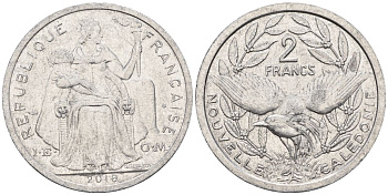 Французская Новая Каледония 2 франка 2018 птица кагу, (IEOM) KM 14, Schoen 11 алюминий    27-216