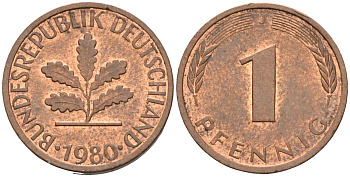 ФРГ 1 пфенниг 1980 J KM 105 сталь плакированная медью 4115-454