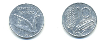ИТАЛИЯ 10 ЛИР 1968 R ПЛУГ KM 93 алюминий 80-1235