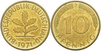 ФРГ 10 ПФЕННИГОВ 1971 J KM 108, J. 383 сталь плакированная латунью 219-442