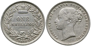 Великобритания 1 шиллинг 1877 Виктория (1837-1901) KM 734.2, Spink 3906А серебро 1518-434