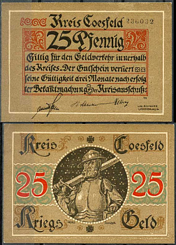 Германия, Косфельд 25 пфеннигов 1918 нотгельд, 6 цифр в номере Tieste 1185.05.01 бумага UNC (пресс) 000-00-00