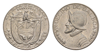 Панама 1/10 бальбоа (10 сентесимо) 1968 KM 10 медь плакированная медно-никелем UNC 4644-129