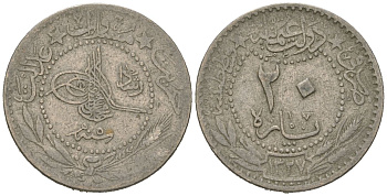 Турция 20 пара 1909 AH 1327, Османская империя, Султан Мехмед V (1909 - 1918) KM 761 никель 4615-332