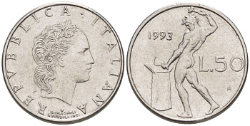 ИТАЛИЯ 50 ЛИР 1993 R, БОГ ОГНЯ ВУЛКАН У НАКОВАЛЬНИ, ДИАМЕТР 17 ММ. KM 95.2 нержавеющая сталь 4551-426