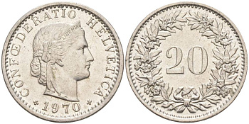 Швейцария 20 раппенов 1970 KM 29a медно-никель 55-924