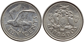 Барбадос 10 центов 1996 смеющаяся (Ацтекская) чайка KM 12 медно-никель 4396-1233