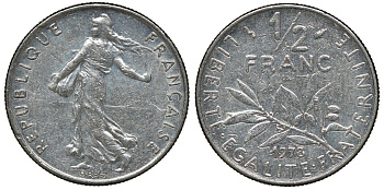 ФРАНЦИЯ 1/2 ФРАНКА 1978 СЕЯТЕЛЬ KM 931.1, LE FRANC 198.17 никель 72-1237