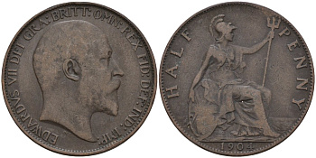 Великобритания 1/2 пенни 1904 Эдуард VII (1901-1910) KM 793.2, Spink 3991 бронза 4146-116