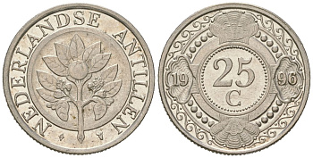 Нидерландские Антилы 25 центов 1996 KM 35 сталь плакированная никелем UNC 4167-156
