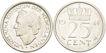 НИДЕРЛАНДЫ 25 ЦЕНТОВ 1948 ВИЛЬГЕЛЬМИНА (1890-1948) KM 177 никель 211-619