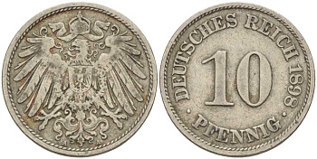 ГЕРМАНИЯ 10 ПФЕННИГОВ 1898 A KM 12, J. 13 медно-никель 4401-1032