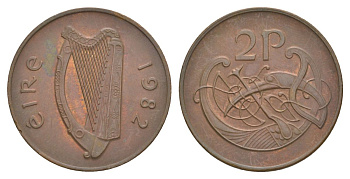 Ирландия 2 пенса 1982 виньетка в виде стилизованной птицы из второй библии Карла II Лысого KM 21 бронза aUNC 4633-614