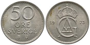 Швеция 50 эре 1973 U, Густав VI Адольф (1950-1973) KM 837 медно-никель UNC 177-935